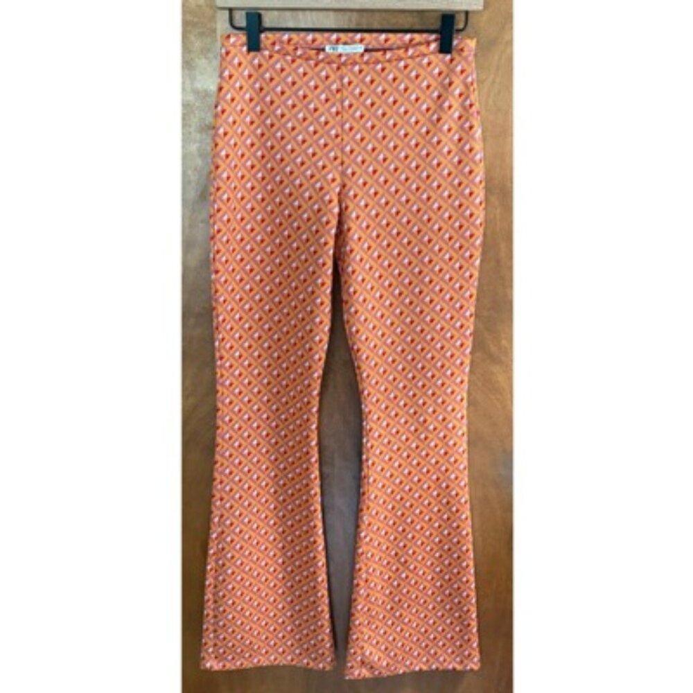 Zara Jacquard Knit High Rise Geometric Pull On Flare Pants Wide Leg NWT Medium
